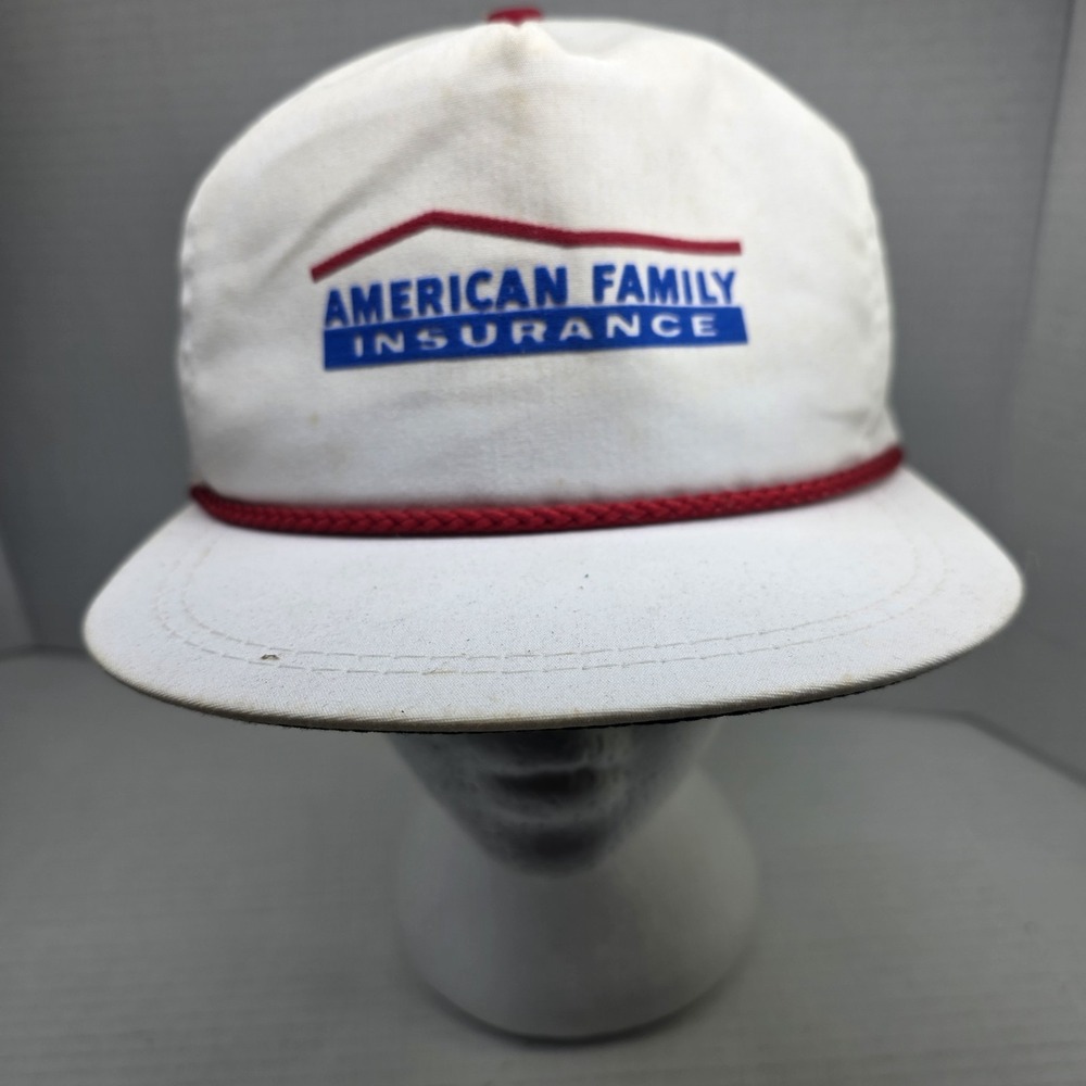 Vintage K-Products American Family Insurance Rope Trucker Hat White Red USA